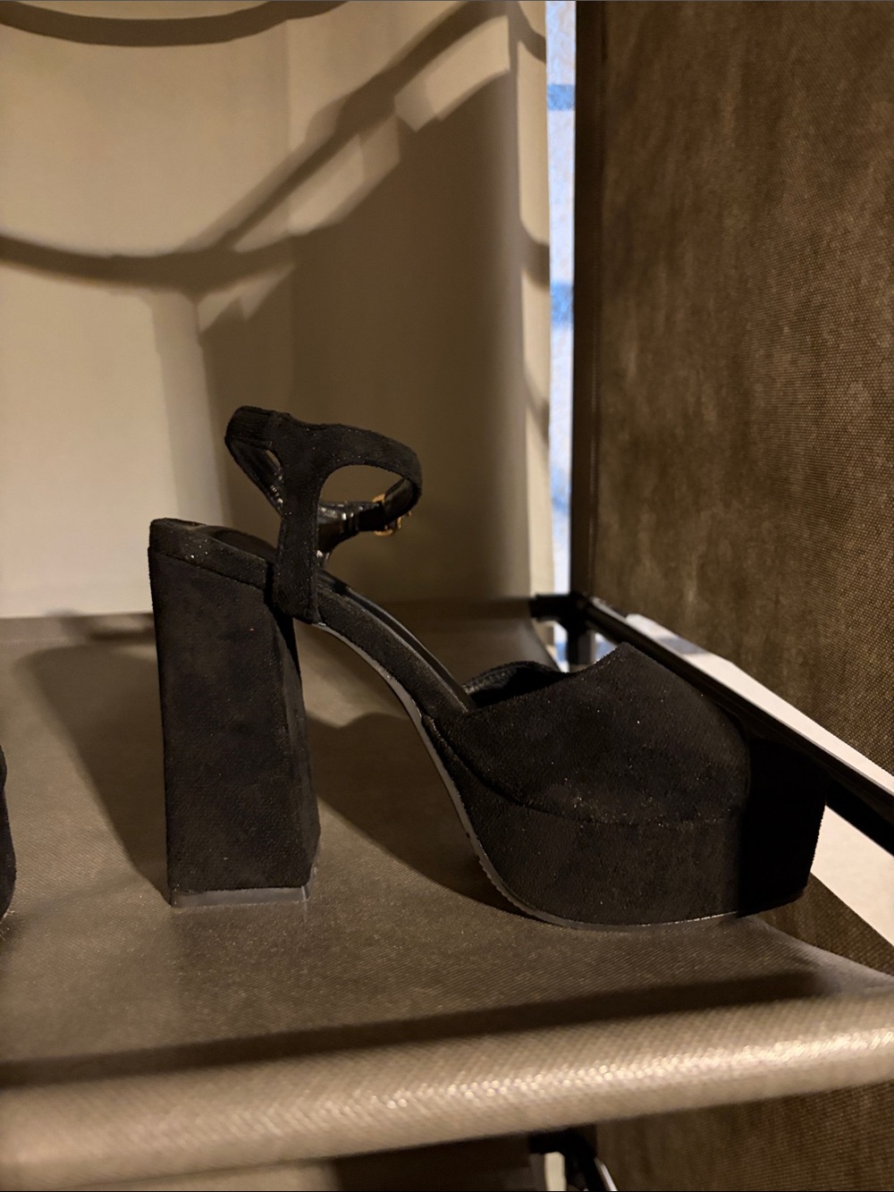 Suede Black Platform Block Heel Sandals with Ankle Strap - Picture 6 of 11